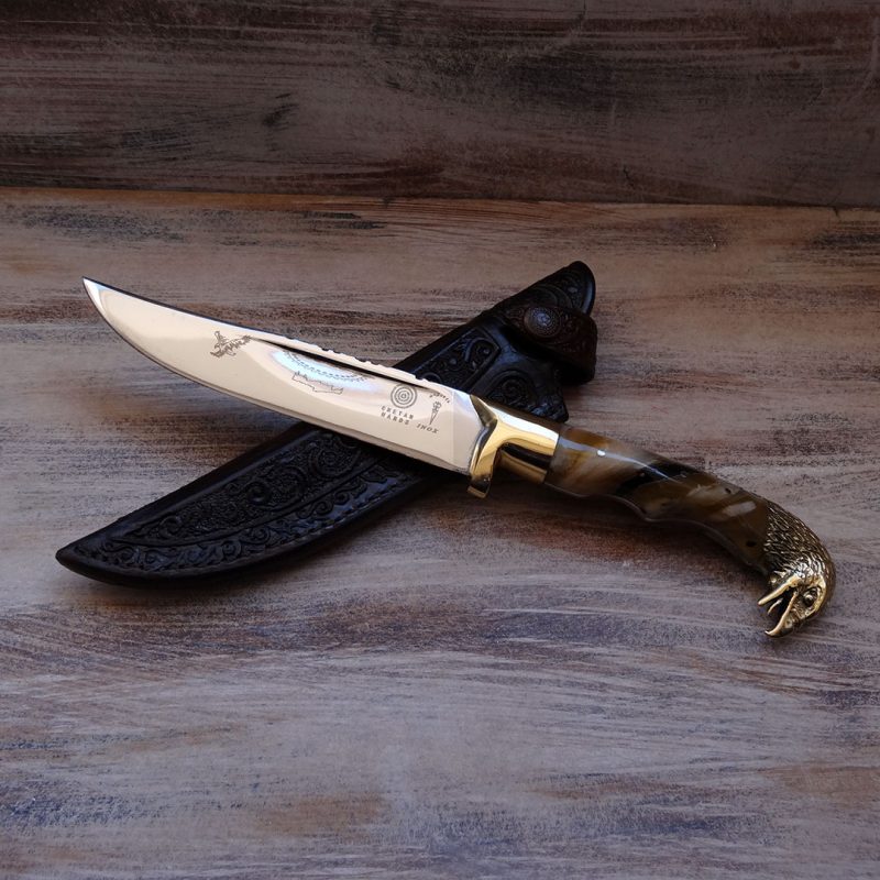 HANDMADE KNIFE AETOS WITH HORN HANDLE AND STAINLESS STEEL BLADE LEATHER CASE 28cm