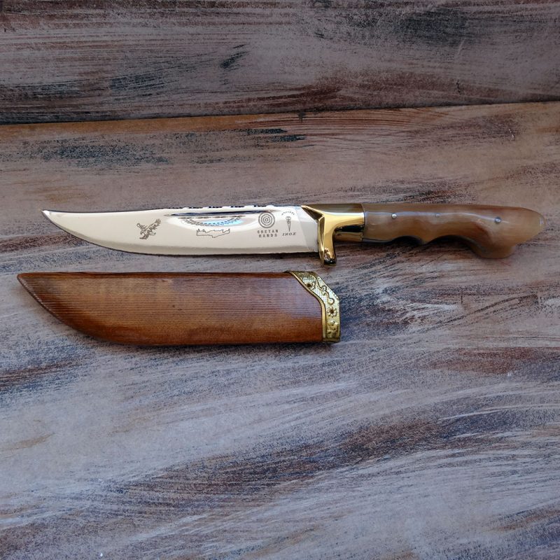 SKAFIDOTO KNIFE KNOSSOS WITH HORN HANDLE STAINLESS STEEL BLADE AND WOODEN SHEATH 28cm