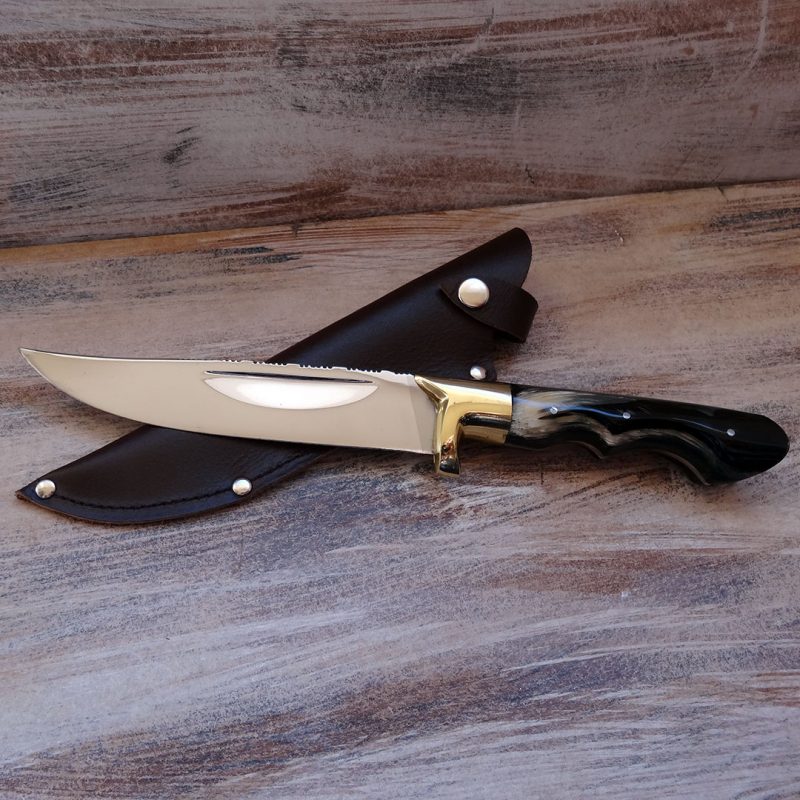 SKAFIDOTO KNIFE WITH BLACK HORN HANDLE STAINLESS STEEL BLADE AND WOODEN SHEATH 28cm