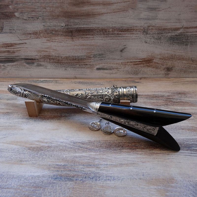 TRADITIONAL HANDMADE CRETAN KNIFE SILVER PLATED WITH EBONY-WOOD HANDLE 38cm
