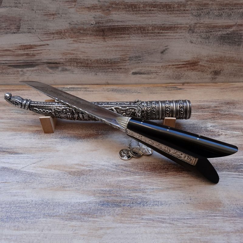 TRADITIONAL HANDMADE CRETAN KNIFE SILVER PLATED WITH EBONY-WOOD HANDLE 43cm